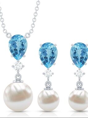 Blue Topaz and Freshwater Pearl Drop Necklace & Earrings Jewelry Set